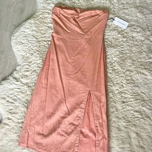 LUNA B strapless side slit midi dress